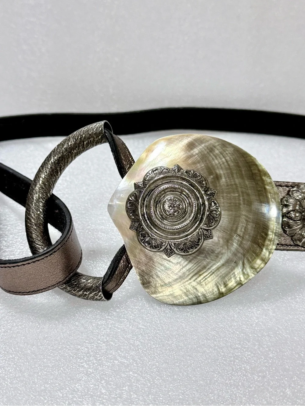 Vintage Artisan  Belt with Genuine Shell Buckle & Silver Metal Floral Conchos